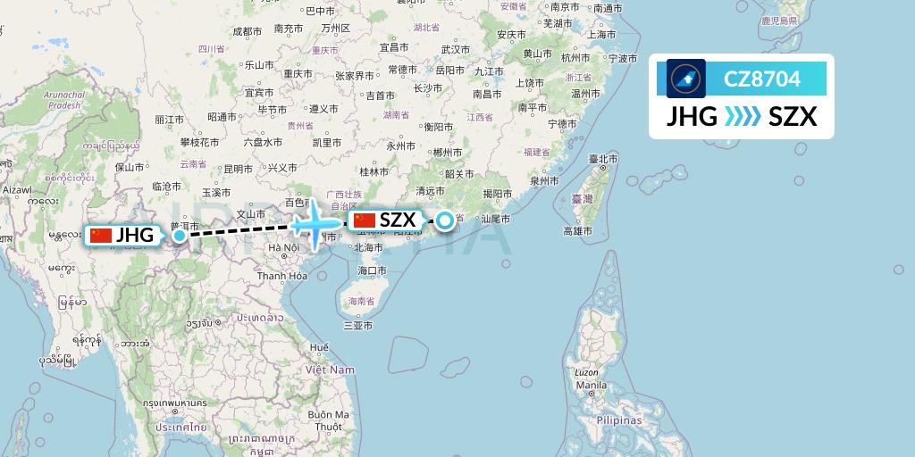 CZ8704 China Southern Airlines Flight Map: Jinghong to Shenzhen