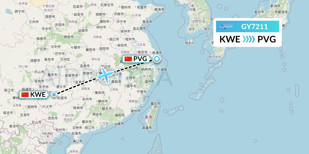 GY7211 Colorful GuiZhou Airlines Flight Map: Guiyang to Shanghai