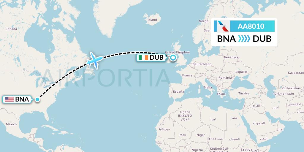 AA8010 American Airlines Flight Map: Nashville to Dublin