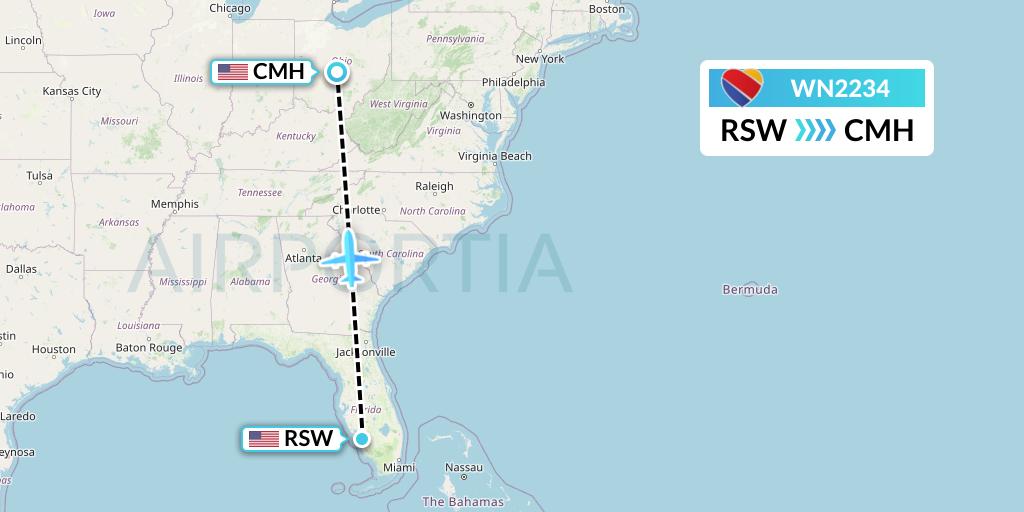 WN2234 Southwest Airlines Flight Map: Fort Myers to Columbus