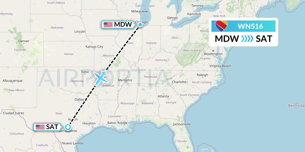 WN516 Southwest Airlines Flight Map: Chicago to San Antonio