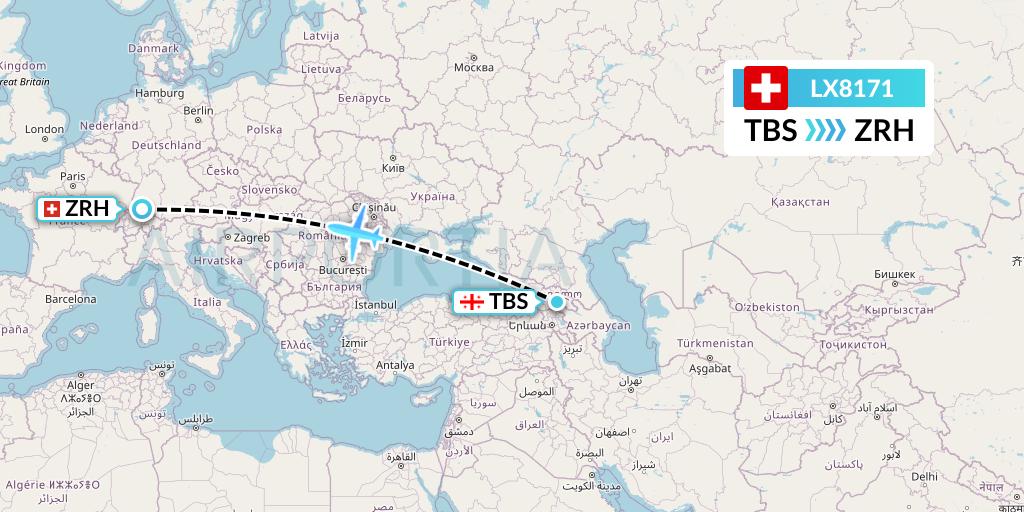 LX8171 Swiss Flight Map: Tbilisi to Zurich