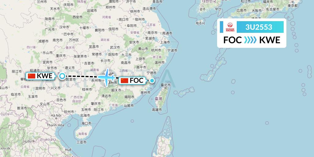 3U2553 Sichuan Airlines Flight Map: Fuzhou to Guiyang