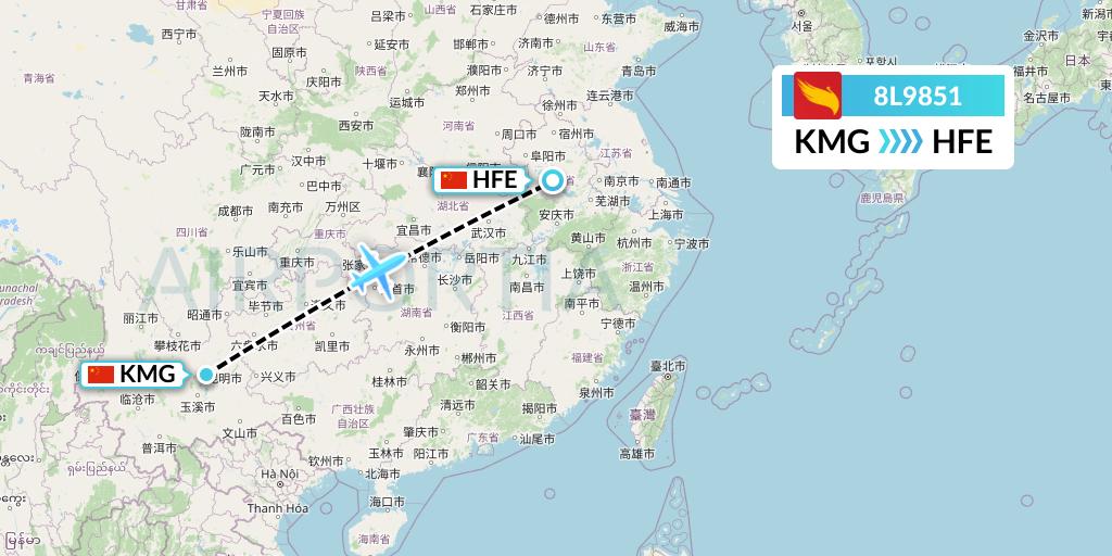 8L9851 Lucky Air Flight Map: Kunming to Hefei