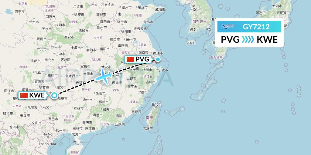 GY7212 Colorful GuiZhou Airlines Flight Map: Shanghai to Guiyang