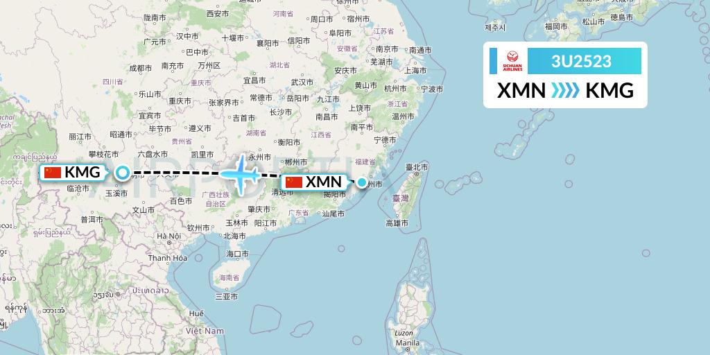3U2523 Sichuan Airlines Flight Map: Xiamen to Kunming