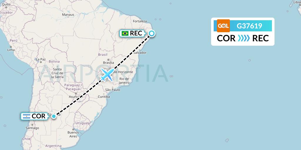 G37619 GOL Transportes Aeros Flight Map: Cordoba to Recife