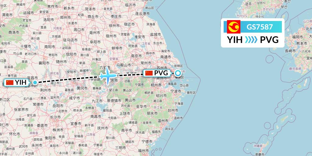 GS7587 Tianjin Airlines Flight Map: Yichang to Shanghai