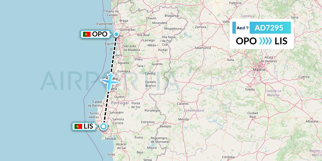 AD7295 Azul Brazilian Airlines Flight Map: Porto to Lisbon