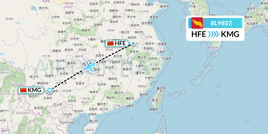 8L9852 Lucky Air Flight Map: Hefei to Kunming