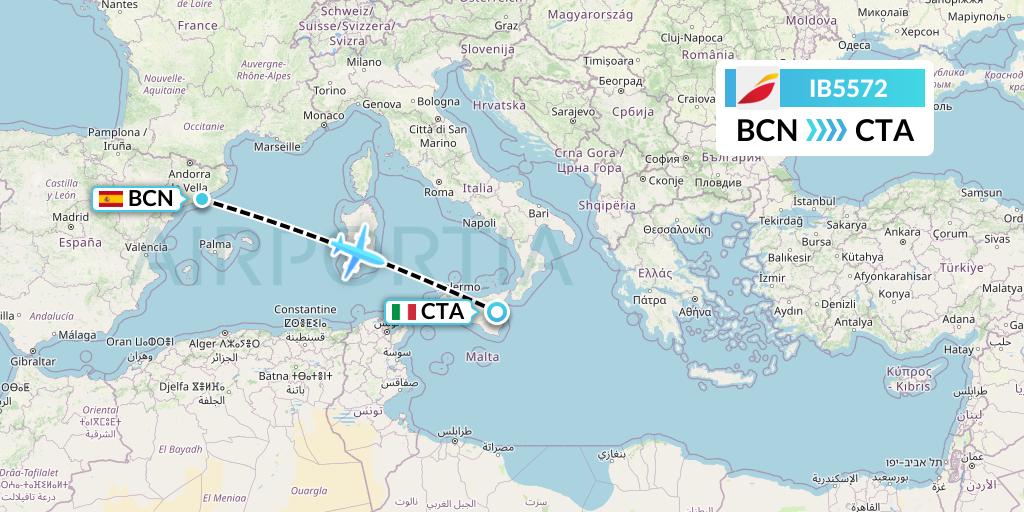 IB5572 Iberia Flight Map: Barcelona to Catania