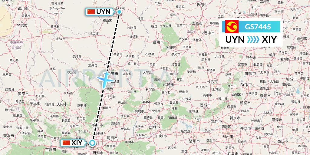 GS7445 Tianjin Airlines Flight Map: Yulin to Xi'an