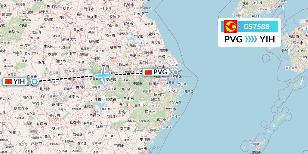 GS7588 Tianjin Airlines Flight Map: Shanghai to Yichang