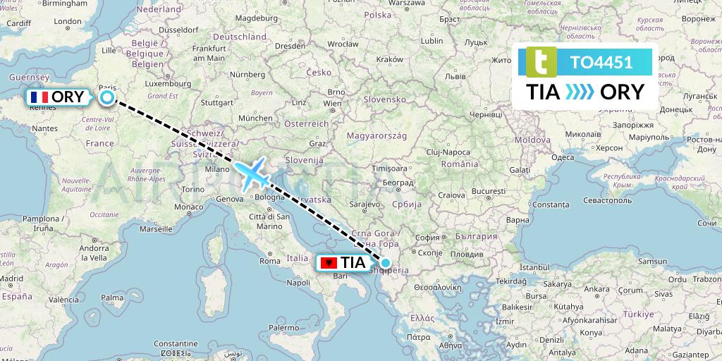 TO4451 Transavia France Flight Map: Tirana to Paris