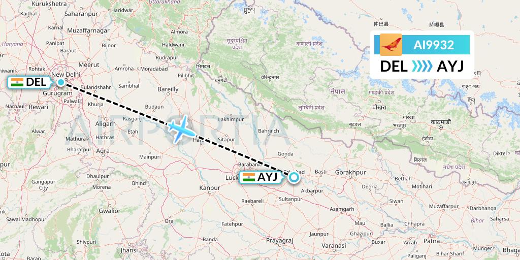 AI9932 Air India Flight Map: Delhi to Lucknow