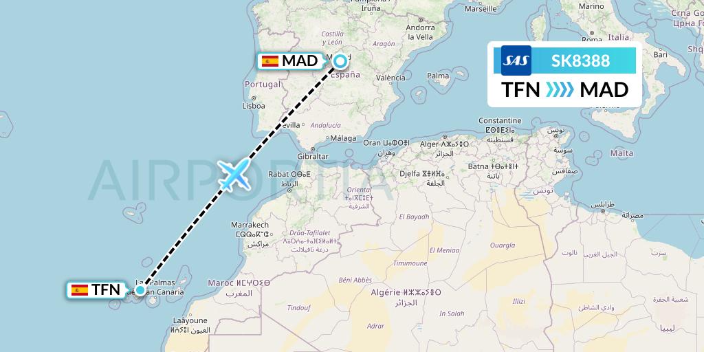 SK8388 SAS Flight Map: Tenerife to Madrid