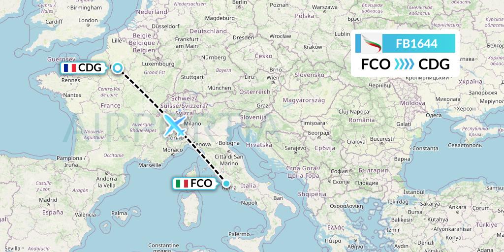 FB1644 Bulgaria Air Flight Map: Rome to Paris