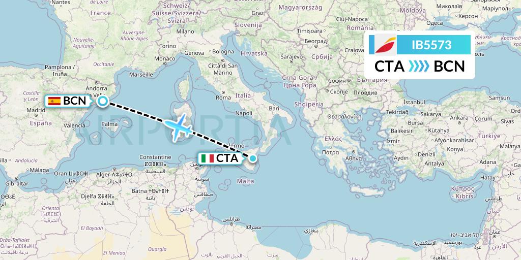 IB5573 Iberia Flight Map: Catania to Barcelona