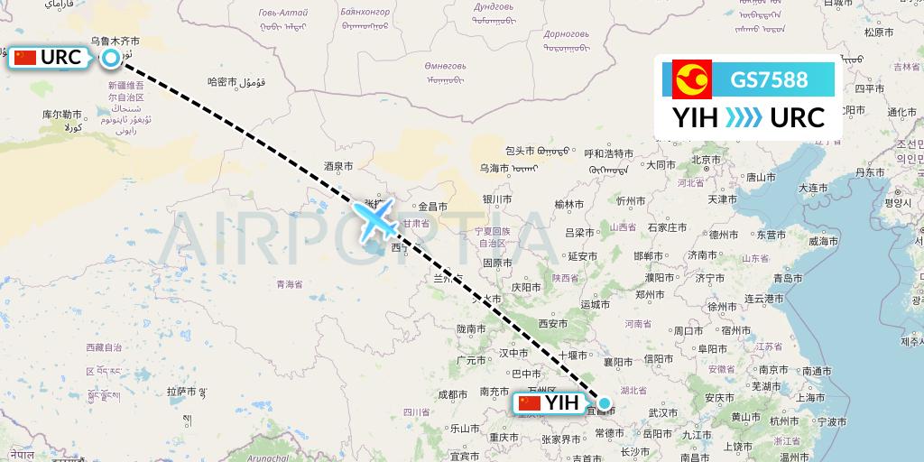 GS7588 Tianjin Airlines Flight Map: Yichang to Urumqi