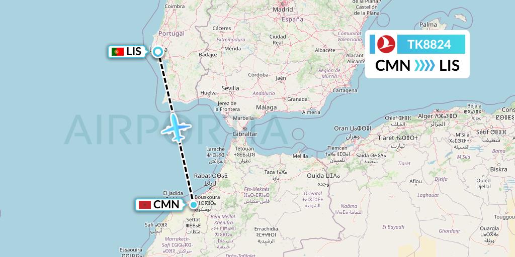 TK8824 Turkish Airlines Flight Map: Casablanca to Lisbon