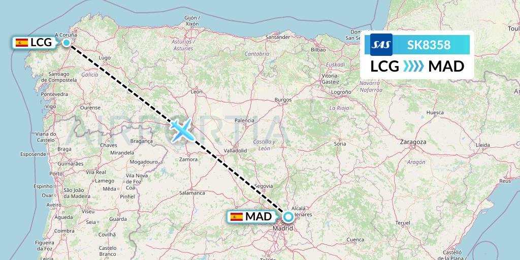 SK8358 SAS Flight Map: A Coruna to Madrid