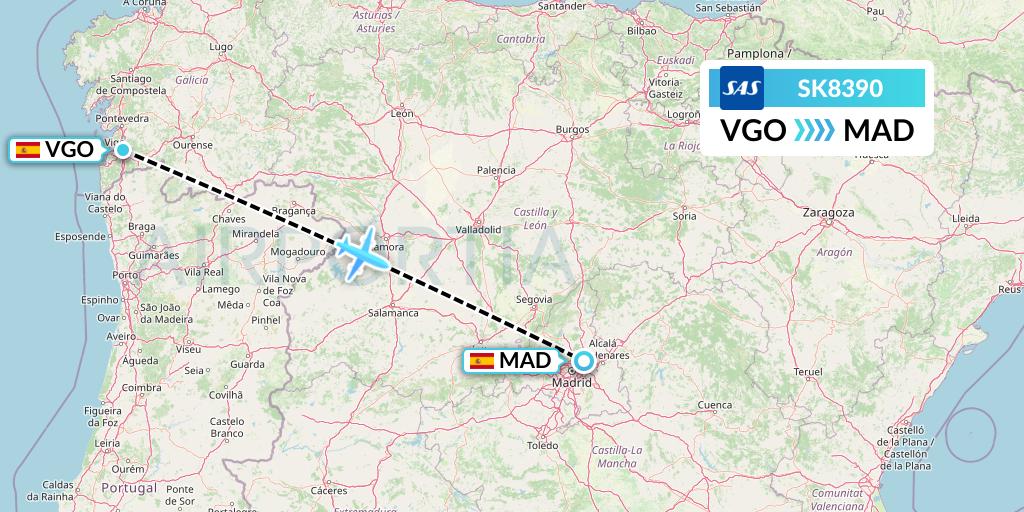 SK8390 SAS Flight Map: Vigo to Madrid