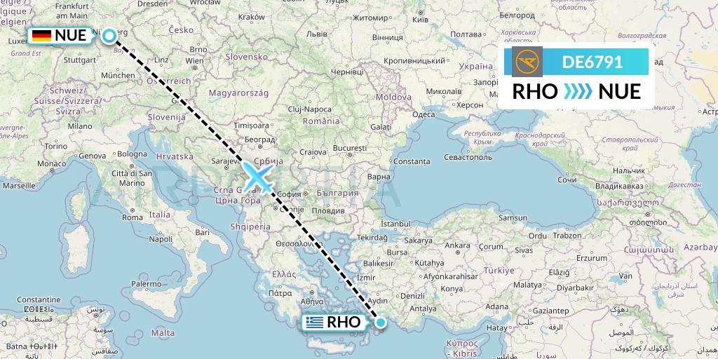 DE6791 Condor Flight Map: Rhodes to Nurnberg