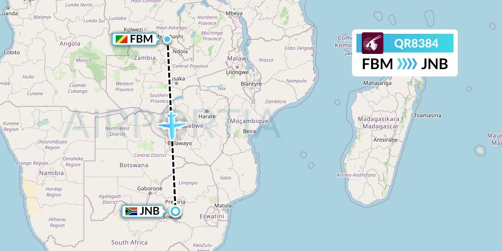 QR8384 Qatar Airways Flight Map: Lubumbashi to Johannesburg