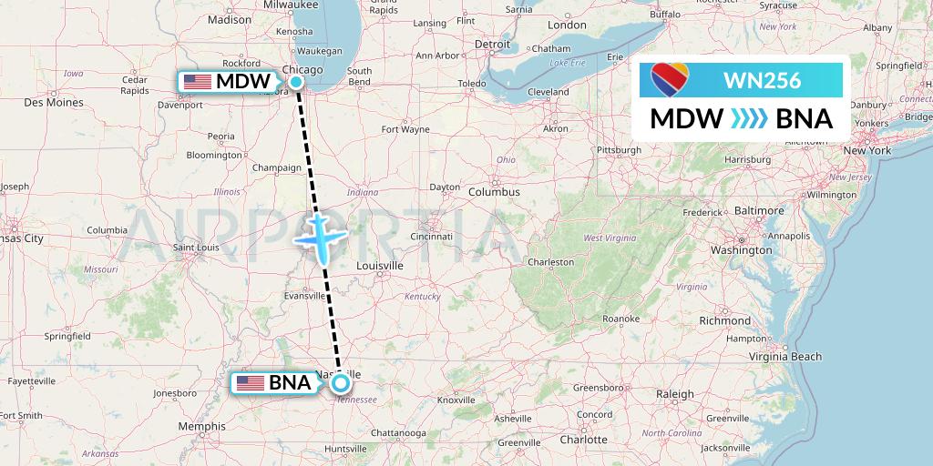 WN256 Southwest Airlines Flight Map: Chicago to Nashville