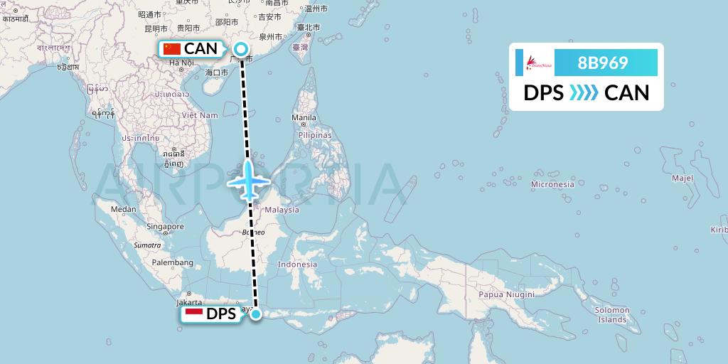 8B969 TransNusa Flight Map: Denpasar to Guangzhou