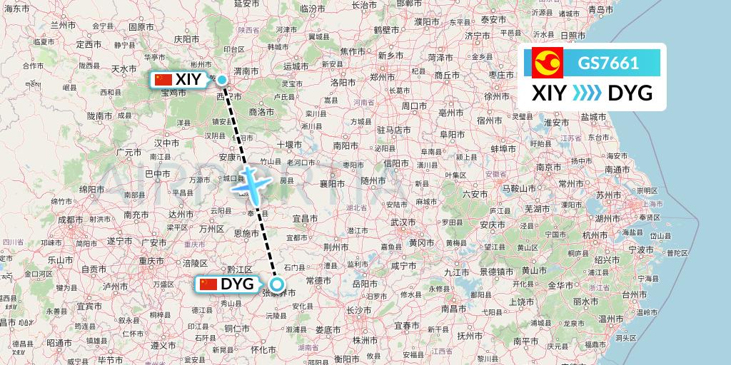 GS7661 Tianjin Airlines Flight Map: Xi'an to Dayong