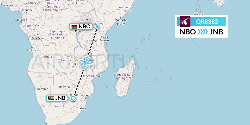 QR8382 Qatar Airways Flight Map: Nairobi to Johannesburg