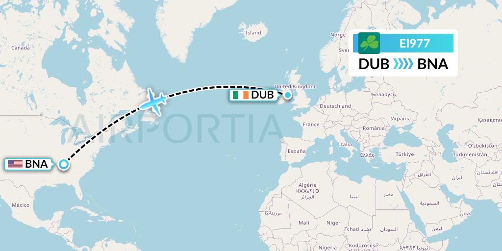 EI977 Aer Lingus Flight Map: Dublin to Nashville