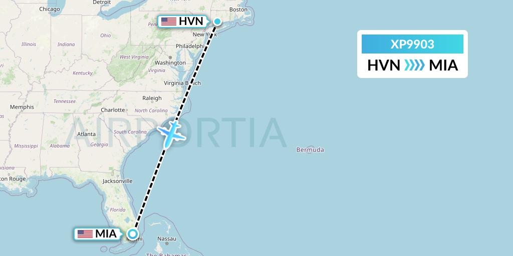 XP9903 Avelo Airlines Flight Map: New Haven to Miami