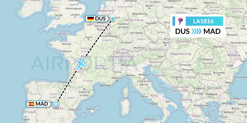 LA1816 LAN Airlines Flight Map: Dusseldorf to Madrid