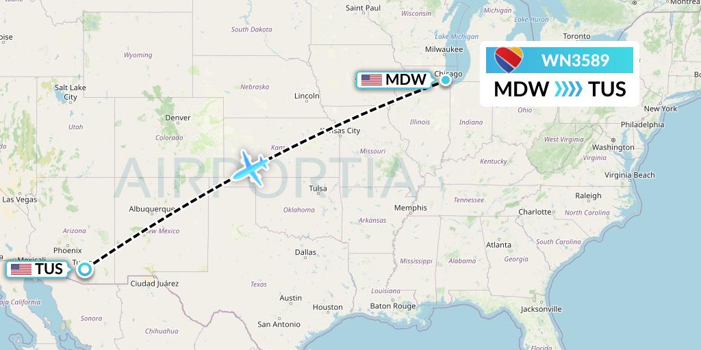 WN3589 Southwest Airlines Flight Map: Chicago to Tucson