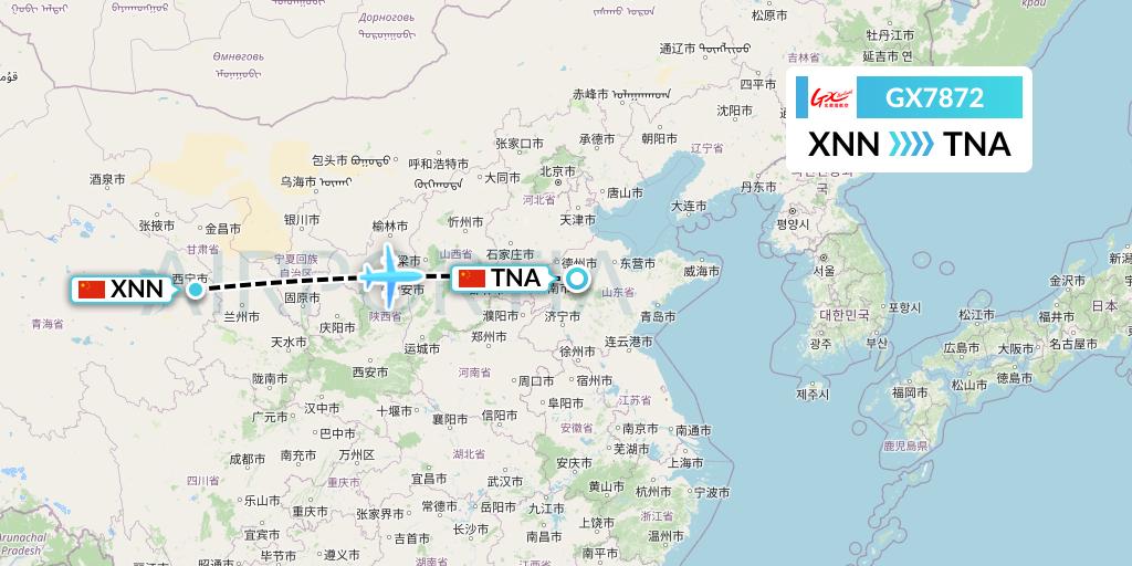 GX7872 GX Airlines Flight Map: Xining to Jinan