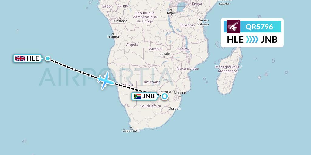 QR5796 Qatar Airways Flight Map: Saint Helena to Johannesburg