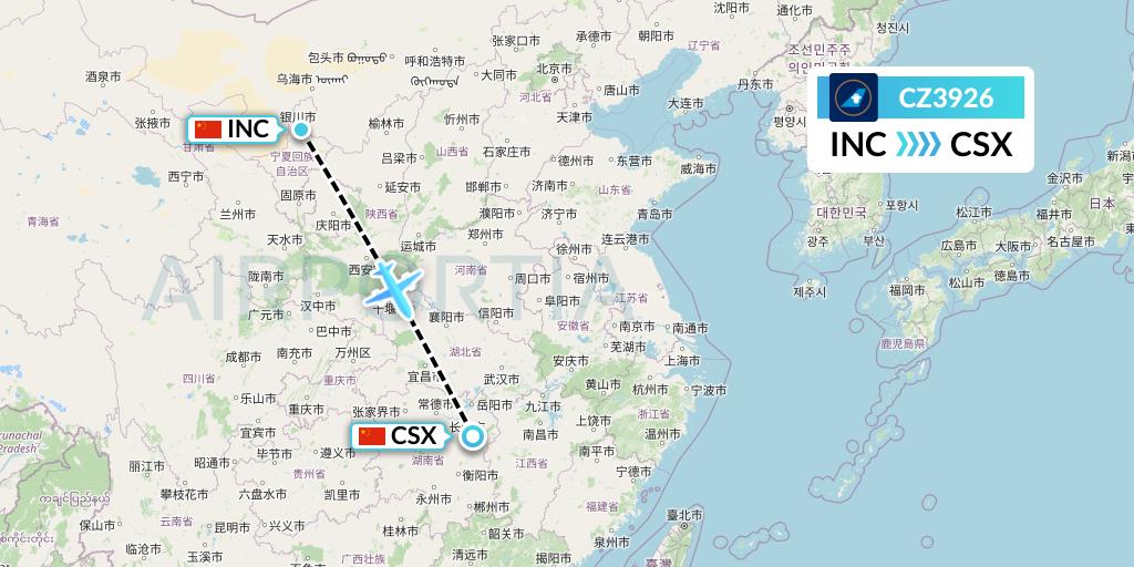CZ3926 China Southern Airlines Flight Map: Yinchuan to Changsha
