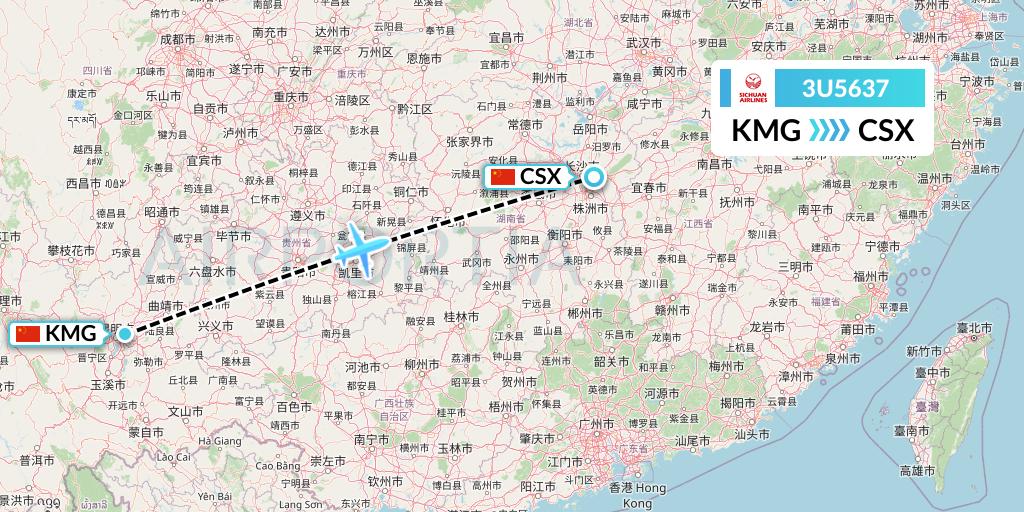 3U5637 Sichuan Airlines Flight Map: Kunming to Changsha