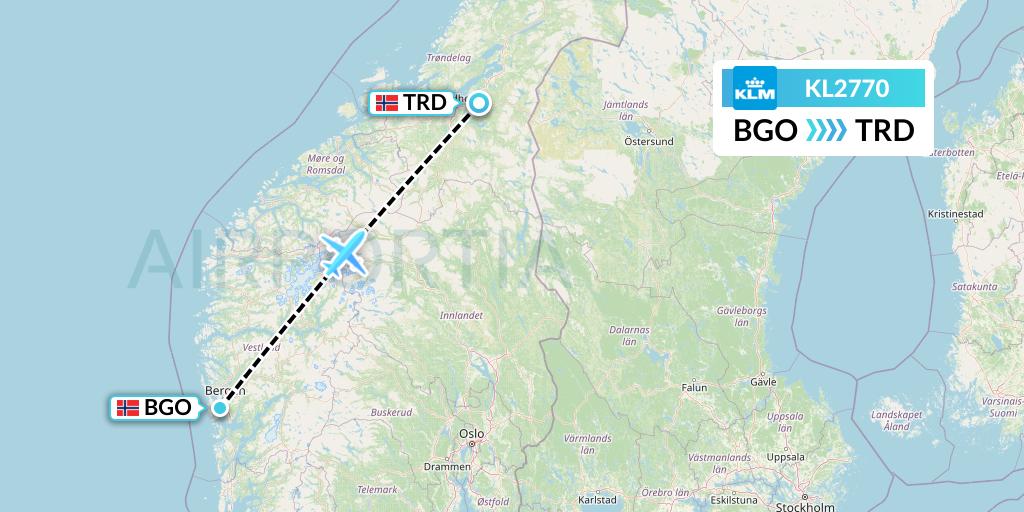 KL2770 KLM Flight Map: Bergen to Trondheim