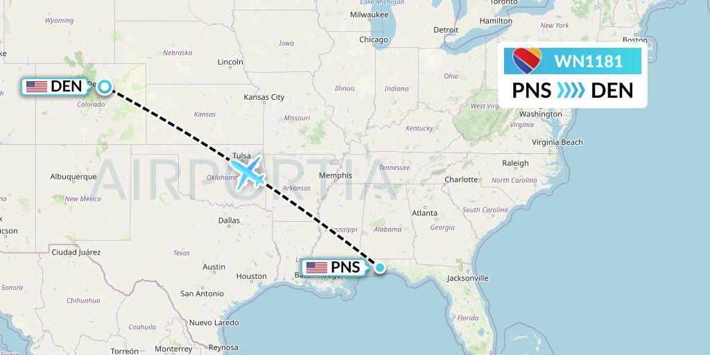 WN1181 Southwest Airlines Flight Map: Pensacola to Denver