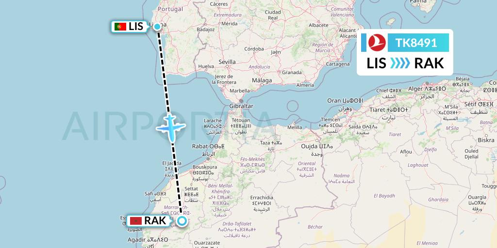 TK8491 Turkish Airlines Flight Map: Lisbon to Marrakesh 