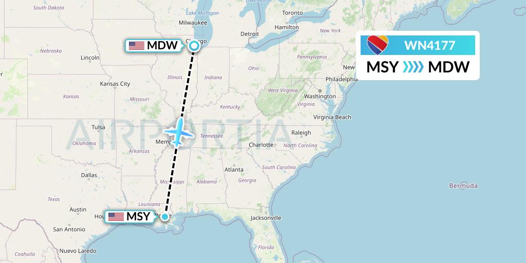 WN4177 Southwest Airlines Flight Map: New Orleans to Chicago