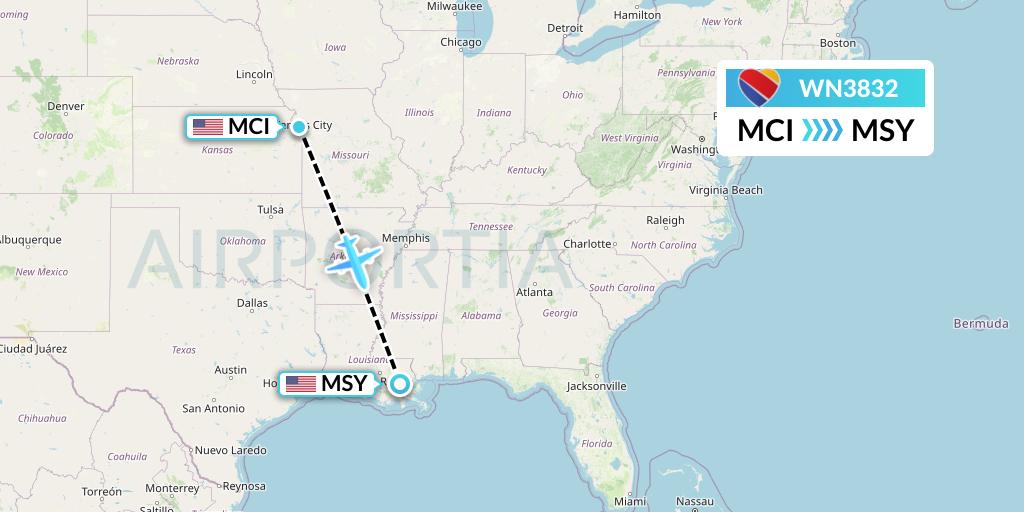 WN3832 Southwest Airlines Flight Map: Kansas City to New Orleans