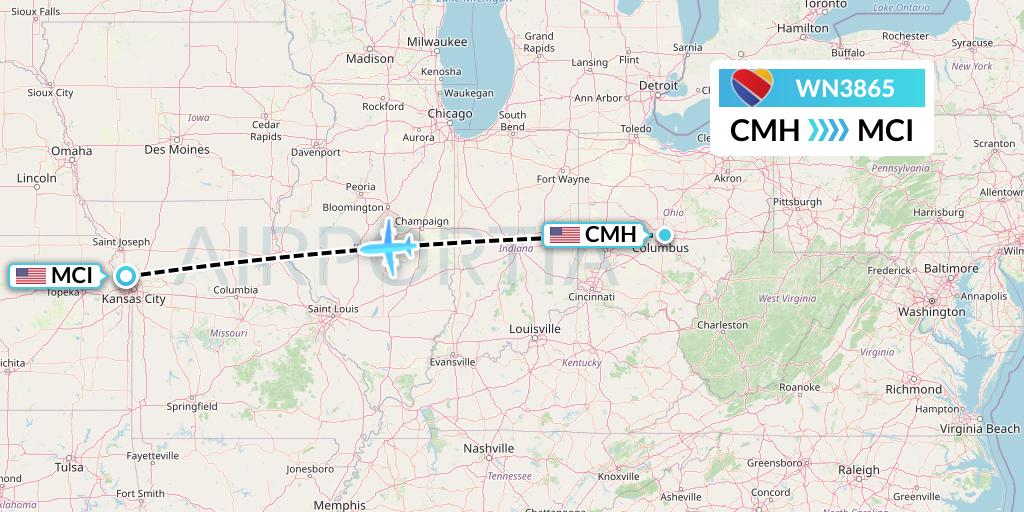 WN3865 Southwest Airlines Flight Map: Columbus to Kansas City