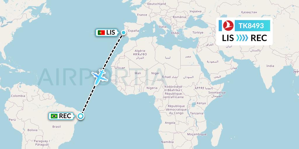 TK8493 Turkish Airlines Flight Map: Lisbon to Recife
