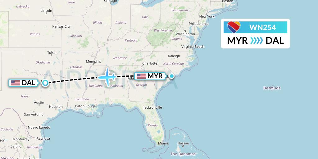 WN254 Southwest Airlines Flight Map: Myrtle Beach to Dallas