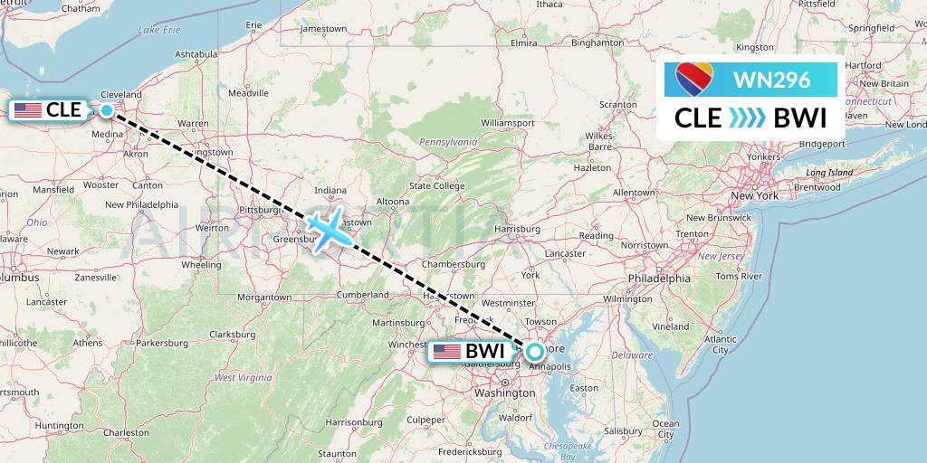 WN296 Southwest Airlines Flight Map: Cleveland to Baltimore