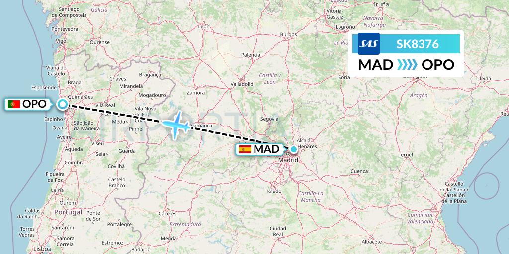 SK8376 SAS Flight Map: Madrid to Porto